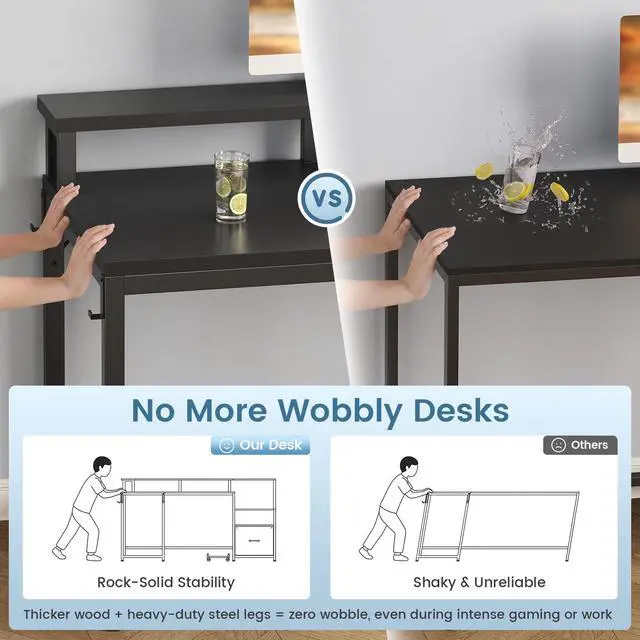 Alt view image 6 of 6 - 66" L Shaped Desk with Power Outlet, Reversible Home Office Computer Desk with File Drawer & Monitor Shelf, Storage Shelves, LED Lights for Corner Small Spaces, Black