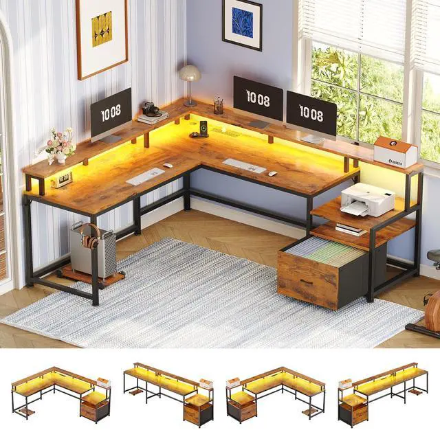 Main image of 66" L Shaped Desk with Power Outlet, Reversible Home Office Computer Desk with File Drawer & Monitor Shelf, Storage Shelves, LED Lights, Rustic Brown for Corner Small Spaces