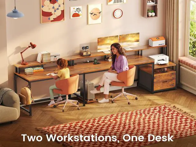 Alt view image 4 of 6 - 66" L Shaped Desk with Power Outlet, Reversible Home Office Computer Desk with File Drawer & Monitor Shelf, Storage Shelves, LED Lights, Rustic Brown for Corner Small Spaces