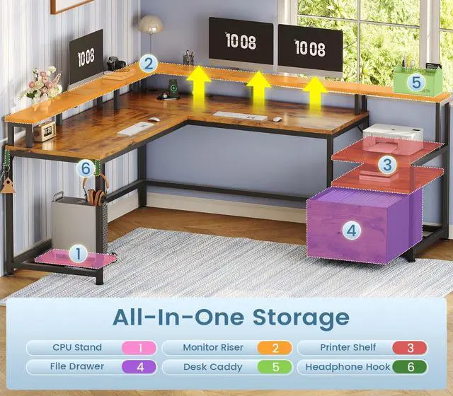 Alt view image 5 of 6 - 66" L Shaped Desk with Power Outlet, Reversible Home Office Computer Desk with File Drawer & Monitor Shelf, Storage Shelves, LED Lights, Rustic Brown for Corner Small Spaces