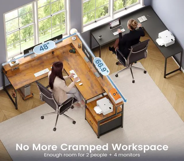 Alt view image 6 of 6 - 66" L Shaped Desk with Power Outlet, Reversible Home Office Computer Desk with File Drawer & Monitor Shelf, Storage Shelves, LED Lights, Rustic Brown for Corner Small Spaces
