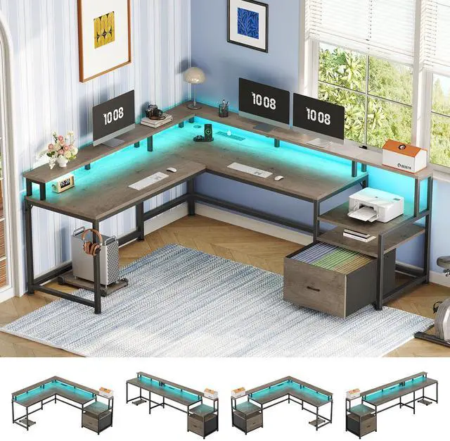 Main image of 66" L Shaped Desk with Power Outlet, Reversible Home Office Computer Desk with File Drawer & Monitor Shelf, Storage Shelves, LED Lights for Corner Small Spaces, Walnut