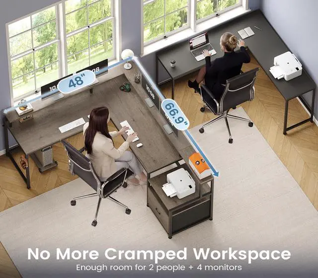 Alt view image 4 of 6 - 66" L Shaped Desk with Power Outlet, Reversible Home Office Computer Desk with File Drawer & Monitor Shelf, Storage Shelves, LED Lights for Corner Small Spaces, Walnut