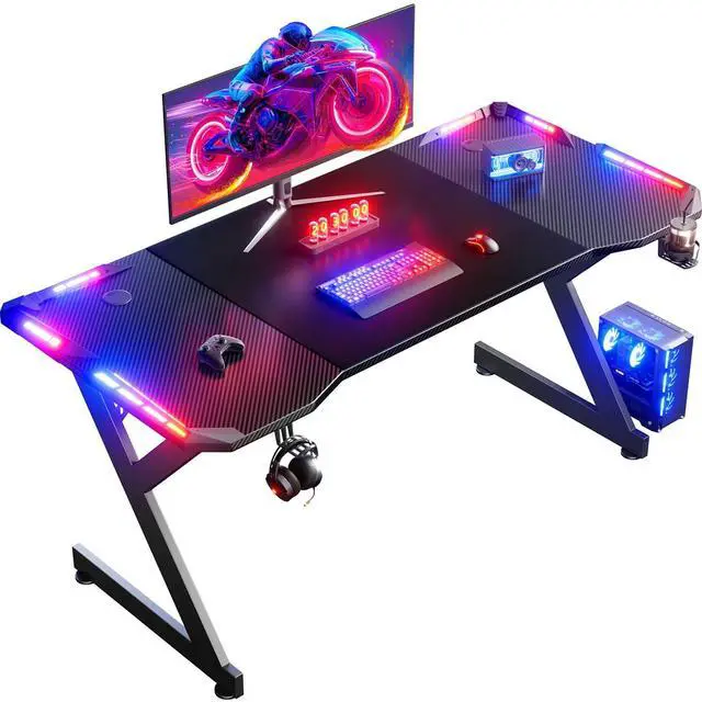 Main image of 63 INCH Gaming Desk with LED Lights, Home Office Gamer Desk, Ergonomic Computer Table with Large Carbon Fiber Desktop, Office Workstation with Mouse Pad, Cup Holder & Headphone Hook, Black