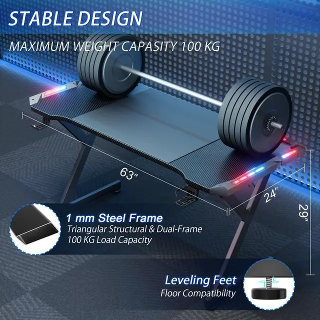 Alt view image 2 of 5 - 63 INCH Gaming Desk with LED Lights, Home Office Gamer Desk, Ergonomic Computer Table with Large Carbon Fiber Desktop, Office Workstation with Mouse Pad, Cup Holder & Headphone Hook, Black