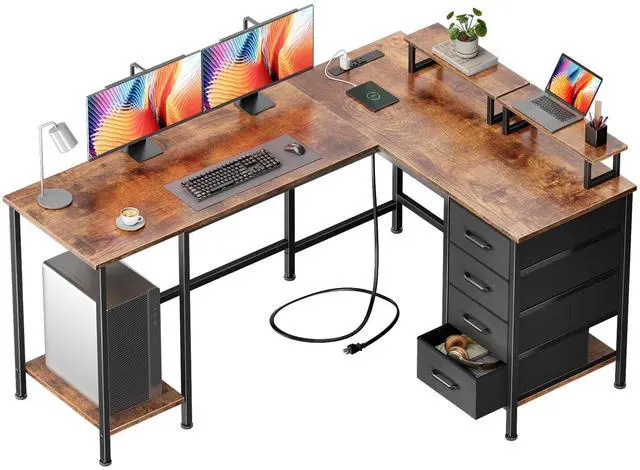 Main image of 59 inch L Shaped Computer Desk with Power Outlets, Home Office Desk with 4 Adjustable Storage Drawers & 2 Monitor Stands, Two Person Gaming Table for Bedroom, Rustic Brown