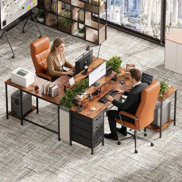 Alt view image 2 of 6 - 59 inch L Shaped Computer Desk with Power Outlets, Home Office Desk with 4 Adjustable Storage Drawers & 2 Monitor Stands, Two Person Gaming Table for Bedroom, Rustic Brown