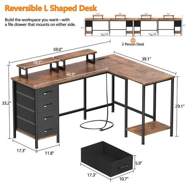 Alt view image 3 of 6 - 59 inch L Shaped Computer Desk with Power Outlets, Home Office Desk with 4 Adjustable Storage Drawers & 2 Monitor Stands, Two Person Gaming Table for Bedroom, Rustic Brown
