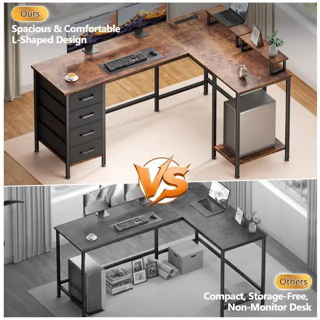 Alt view image 5 of 6 - 59 inch L Shaped Computer Desk with Power Outlets, Home Office Desk with 4 Adjustable Storage Drawers & 2 Monitor Stands, Two Person Gaming Table for Bedroom, Rustic Brown