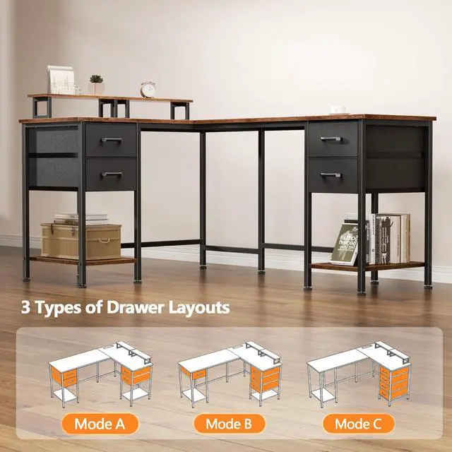 Alt view image 6 of 6 - 59 inch L Shaped Computer Desk with Power Outlets, Home Office Desk with 4 Adjustable Storage Drawers & 2 Monitor Stands, Two Person Gaming Table for Bedroom, Rustic Brown