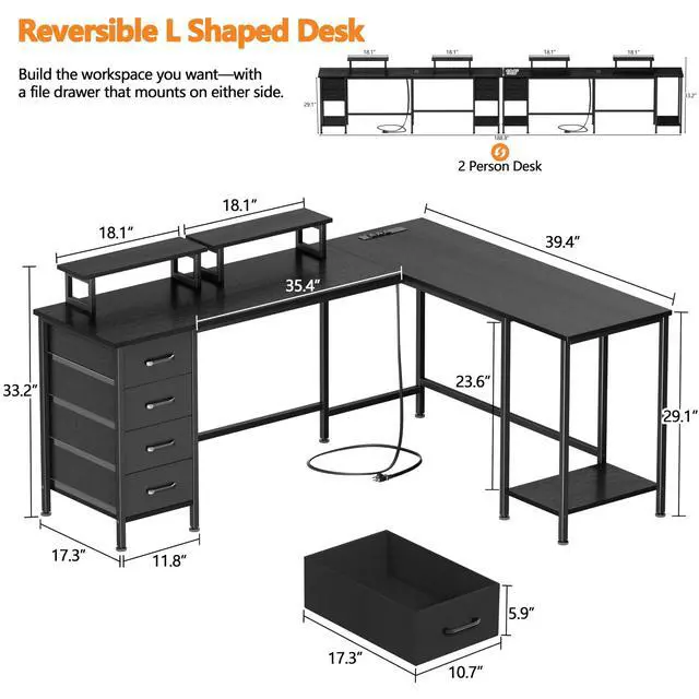 Alt view image 2 of 6 - 66" L Shaped Computer Desk, 94.4'' Home Office Desk with Power Outlets, 4 Adjustable Storage Drawers & 2 Monitor Stands, Large Two Person Gaming Table for Writing Study, Black