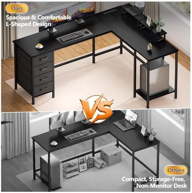 Alt view image 4 of 6 - 66" L Shaped Computer Desk, 94.4'' Home Office Desk with Power Outlets, 4 Adjustable Storage Drawers & 2 Monitor Stands, Large Two Person Gaming Table for Writing Study, Black