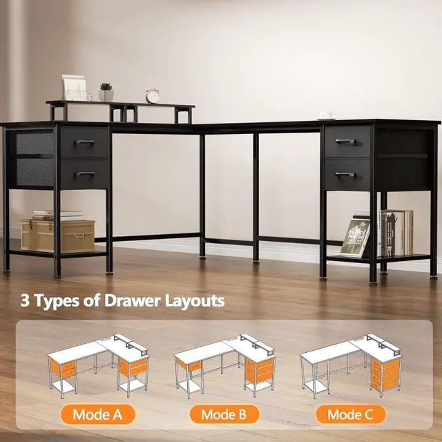 Alt view image 5 of 6 - 66" L Shaped Computer Desk, 94.4'' Home Office Desk with Power Outlets, 4 Adjustable Storage Drawers & 2 Monitor Stands, Large Two Person Gaming Table for Writing Study, Black