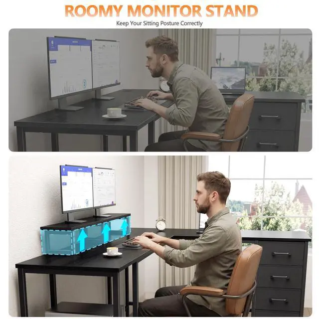 Alt view image 6 of 6 - 66" L Shaped Computer Desk, 94.4'' Home Office Desk with Power Outlets, 4 Adjustable Storage Drawers & 2 Monitor Stands, Large Two Person Gaming Table for Writing Study, Black