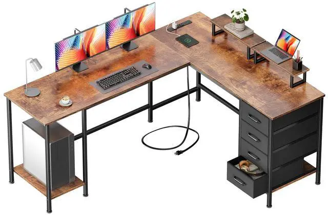 Main image of 66" L Shaped Computer Desk with Power Outlets, Home Office Desk with 4 Adjustable Storage Drawers & 2 Monitor Stands, Large Two Person Gaming Table for Writing Study, Rustic Brown