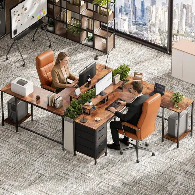 Alt view image 2 of 6 - 66" L Shaped Computer Desk with Power Outlets, Home Office Desk with 4 Adjustable Storage Drawers & 2 Monitor Stands, Large Two Person Gaming Table for Writing Study, Rustic Brown