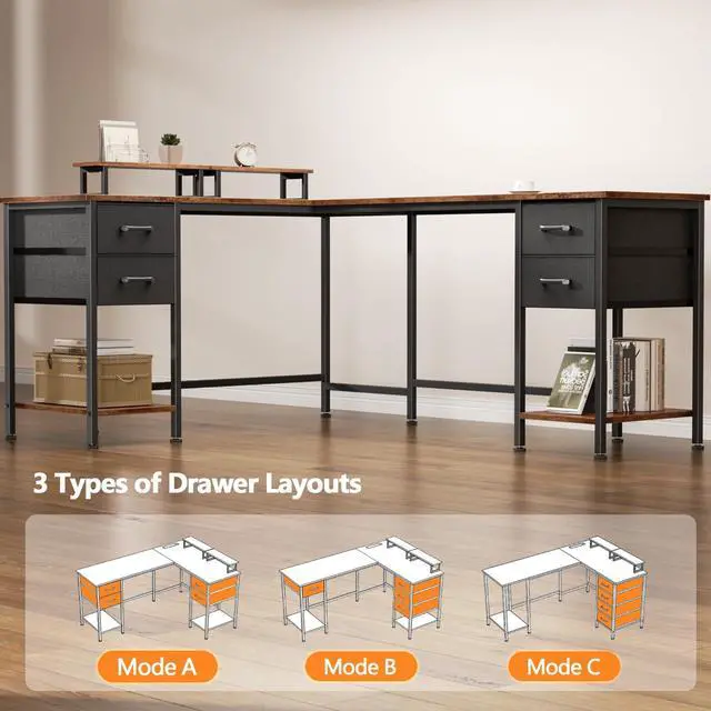 Alt view image 5 of 6 - 66" L Shaped Computer Desk with Power Outlets, Home Office Desk with 4 Adjustable Storage Drawers & 2 Monitor Stands, Large Two Person Gaming Table for Writing Study, Rustic Brown