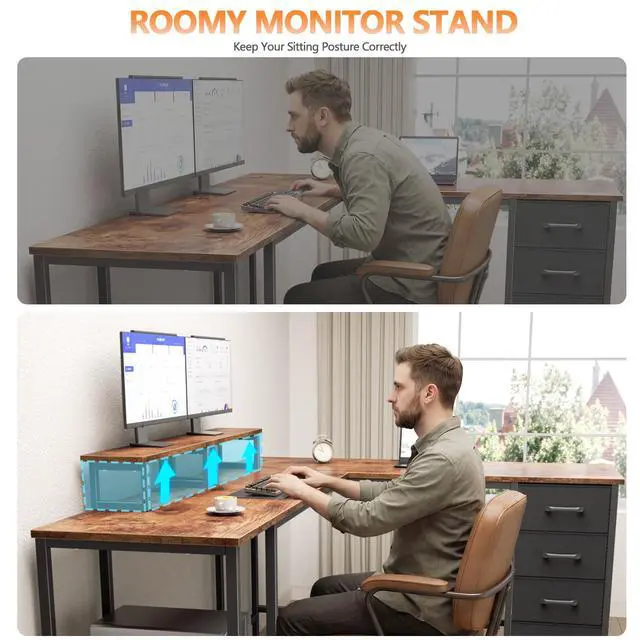 Alt view image 6 of 6 - 66" L Shaped Computer Desk with Power Outlets, Home Office Desk with 4 Adjustable Storage Drawers & 2 Monitor Stands, Large Two Person Gaming Table for Writing Study, Rustic Brown
