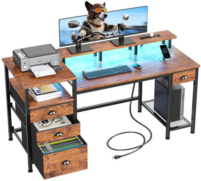 Main image of 60" Computer Desk with File Cabinet and Storage Shelves, Reversible Home Office Desk with LED Lights, Full Monitor Stand, Power Outlets, Study Gaming Table with 4 Drawers, Rustic Brown