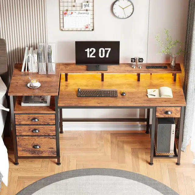 Alt view image 2 of 6 - 60" Computer Desk with File Cabinet and Storage Shelves, Reversible Home Office Desk with LED Lights, Full Monitor Stand, Power Outlets, Study Gaming Table with 4 Drawers, Rustic Brown