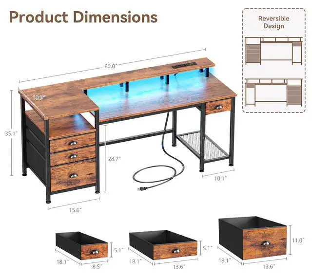 Alt view image 3 of 6 - 60" Computer Desk with File Cabinet and Storage Shelves, Reversible Home Office Desk with LED Lights, Full Monitor Stand, Power Outlets, Study Gaming Table with 4 Drawers, Rustic Brown