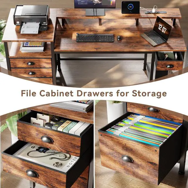Alt view image 5 of 6 - 60" Computer Desk with File Cabinet and Storage Shelves, Reversible Home Office Desk with LED Lights, Full Monitor Stand, Power Outlets, Study Gaming Table with 4 Drawers, Rustic Brown