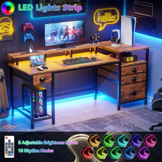 Alt view image 6 of 6 - 60" Computer Desk with File Cabinet and Storage Shelves, Reversible Home Office Desk with LED Lights, Full Monitor Stand, Power Outlets, Study Gaming Table with 4 Drawers, Rustic Brown
