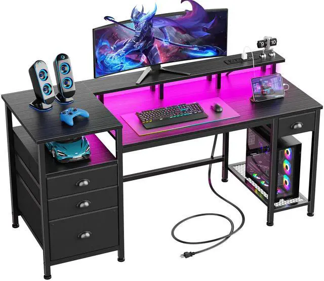 Main image of 60" Black Computer Desk with 4 Drawers and Printer Space, Gaming Desk with LED Lights and USB Power Outlets, Home Office Desk with Fabric File Cabinet,Study Work Table with Shelf for Bedroom
