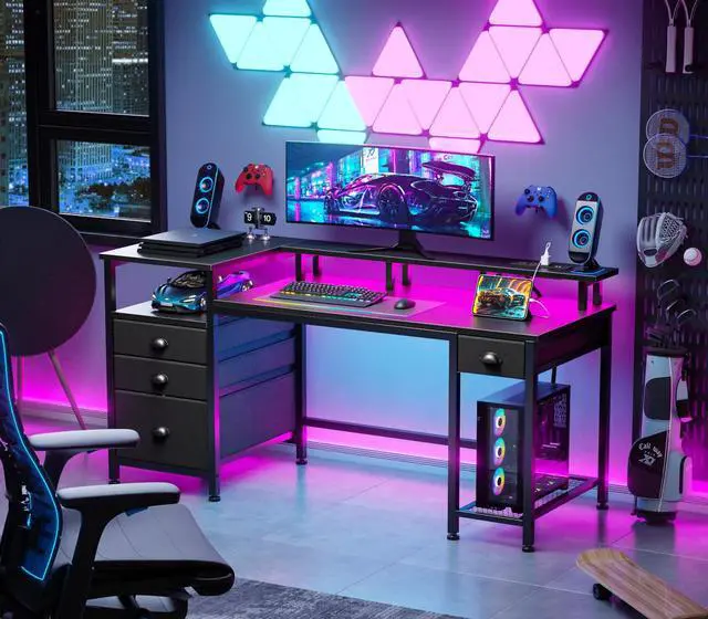 Alt view image 2 of 6 - 60" Black Computer Desk with 4 Drawers and Printer Space, Gaming Desk with LED Lights and USB Power Outlets, Home Office Desk with Fabric File Cabinet,Study Work Table with Shelf for Bedroom