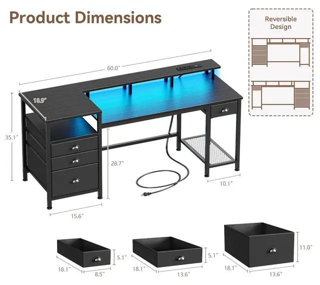 Alt view image 3 of 6 - 60" Black Computer Desk with 4 Drawers and Printer Space, Gaming Desk with LED Lights and USB Power Outlets, Home Office Desk with Fabric File Cabinet,Study Work Table with Shelf for Bedroom