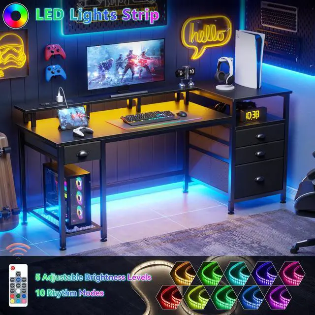 Alt view image 4 of 6 - 60" Black Computer Desk with 4 Drawers and Printer Space, Gaming Desk with LED Lights and USB Power Outlets, Home Office Desk with Fabric File Cabinet,Study Work Table with Shelf for Bedroom