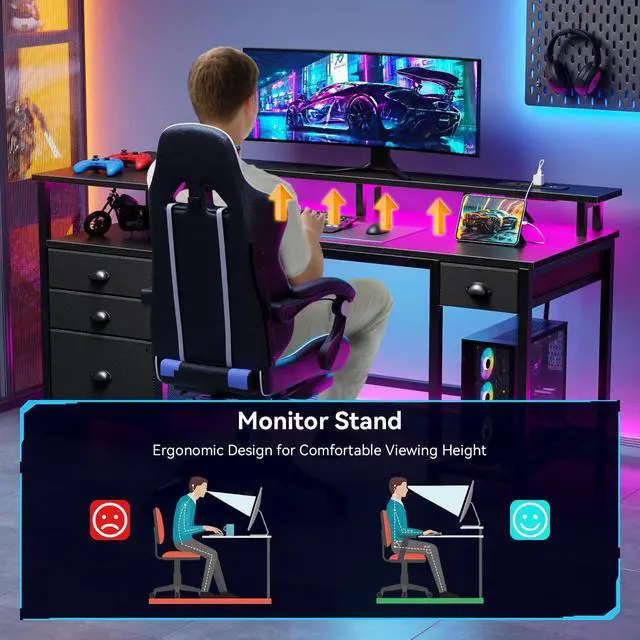 Alt view image 5 of 6 - 60" Black Computer Desk with 4 Drawers and Printer Space, Gaming Desk with LED Lights and USB Power Outlets, Home Office Desk with Fabric File Cabinet,Study Work Table with Shelf for Bedroom