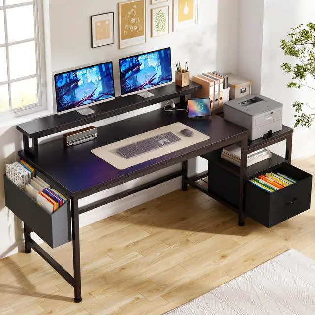Main image of 56.5" Office Desk with Drawers & Printer Space for Home Work,Black | Computer Desk with 3 AC Outlets& 2 USB Ports,40"*7" Long Monitor Stand,Side Pockets with Storage Space,Home Office,Bedroom