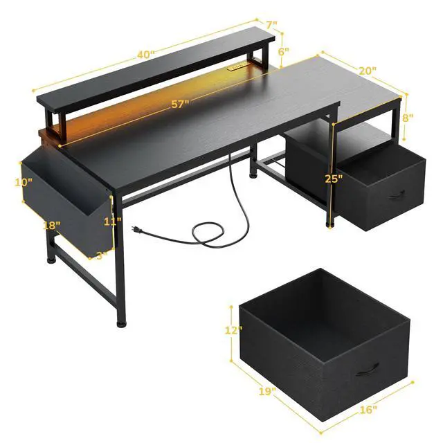 Alt view image 2 of 6 - 56.5" Office Desk with Drawers & Printer Space for Home Work,Black | Computer Desk with 3 AC Outlets& 2 USB Ports,40"*7" Long Monitor Stand,Side Pockets with Storage Space,Home Office,Bedroom