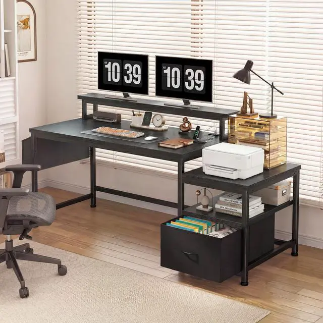 Alt view image 4 of 6 - 56.5" Office Desk with Drawers & Printer Space for Home Work,Black | Computer Desk with 3 AC Outlets& 2 USB Ports,40"*7" Long Monitor Stand,Side Pockets with Storage Space,Home Office,Bedroom