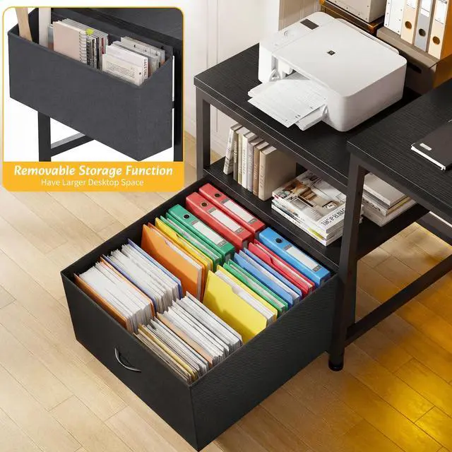 Alt view image 5 of 6 - 56.5" Office Desk with Drawers & Printer Space for Home Work,Black | Computer Desk with 3 AC Outlets& 2 USB Ports,40"*7" Long Monitor Stand,Side Pockets with Storage Space,Home Office,Bedroom