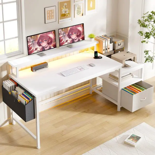 Main image of 56.5" Office Desk with Drawers & Printer Space for Home Work,White | Computer Desk with 3 AC Outlets& 2 USB Ports,40"*7" Long Monitor Stand,Side Pockets with Storage Space,Home Office,Bedroom