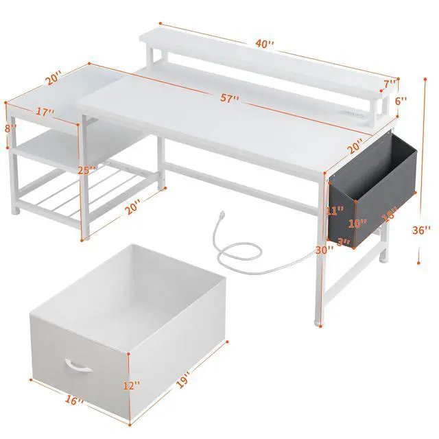 Alt view image 2 of 6 - 56.5" Office Desk with Drawers & Printer Space for Home Work,White | Computer Desk with 3 AC Outlets& 2 USB Ports,40"*7" Long Monitor Stand,Side Pockets with Storage Space,Home Office,Bedroom