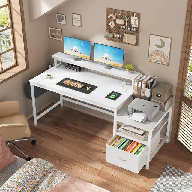 Alt view image 3 of 6 - 56.5" Office Desk with Drawers & Printer Space for Home Work,White | Computer Desk with 3 AC Outlets& 2 USB Ports,40"*7" Long Monitor Stand,Side Pockets with Storage Space,Home Office,Bedroom