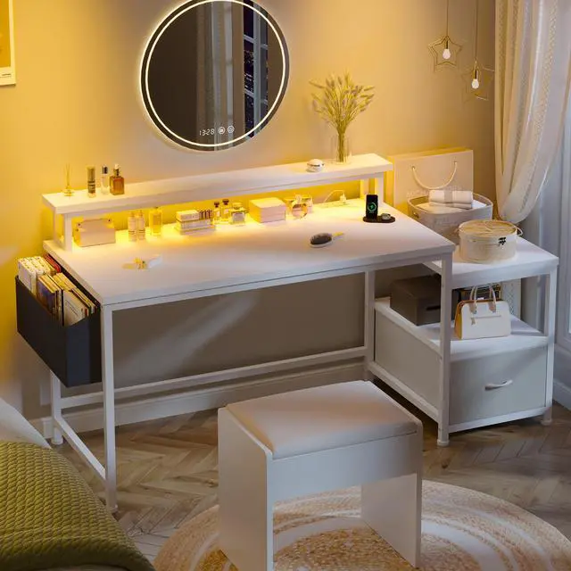 Alt view image 4 of 6 - 56.5" Office Desk with Drawers & Printer Space for Home Work,White | Computer Desk with 3 AC Outlets& 2 USB Ports,40"*7" Long Monitor Stand,Side Pockets with Storage Space,Home Office,Bedroom
