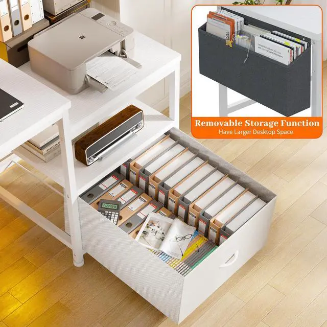 Alt view image 5 of 6 - 56.5" Office Desk with Drawers & Printer Space for Home Work,White | Computer Desk with 3 AC Outlets& 2 USB Ports,40"*7" Long Monitor Stand,Side Pockets with Storage Space,Home Office,Bedroom