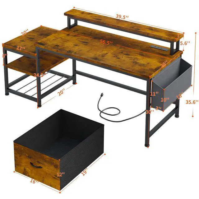 Alt view image 2 of 6 - 56.5" Office Desk with Drawers and Printer Space,Computer Desk with Power Outlets,Home Office Desks with File Drawers Cabinet,Study and Gaming Desk with Shelves Monitor Stand,Rustic Brown