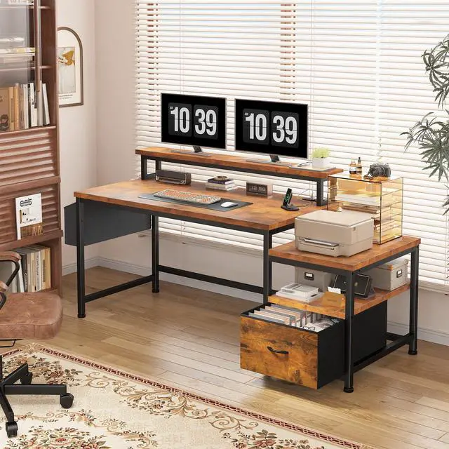 Alt view image 3 of 6 - 56.5" Office Desk with Drawers and Printer Space,Computer Desk with Power Outlets,Home Office Desks with File Drawers Cabinet,Study and Gaming Desk with Shelves Monitor Stand,Rustic Brown