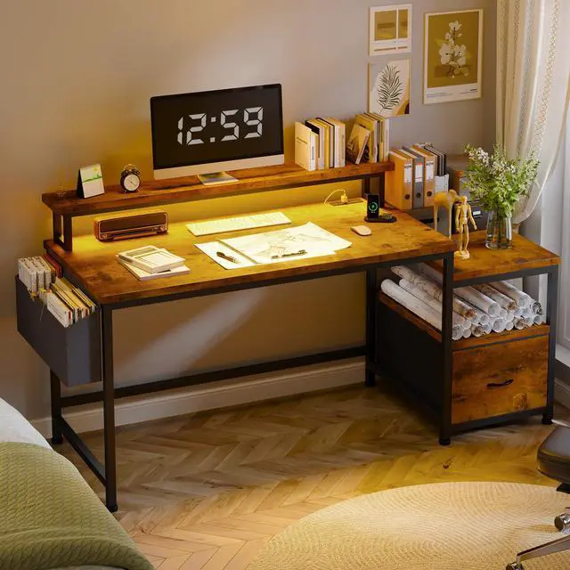 Alt view image 4 of 6 - 56.5" Office Desk with Drawers and Printer Space,Computer Desk with Power Outlets,Home Office Desks with File Drawers Cabinet,Study and Gaming Desk with Shelves Monitor Stand,Rustic Brown
