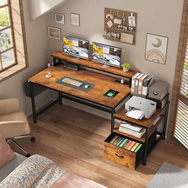 Alt view image 5 of 6 - 56.5" Office Desk with Drawers and Printer Space,Computer Desk with Power Outlets,Home Office Desks with File Drawers Cabinet,Study and Gaming Desk with Shelves Monitor Stand,Rustic Brown