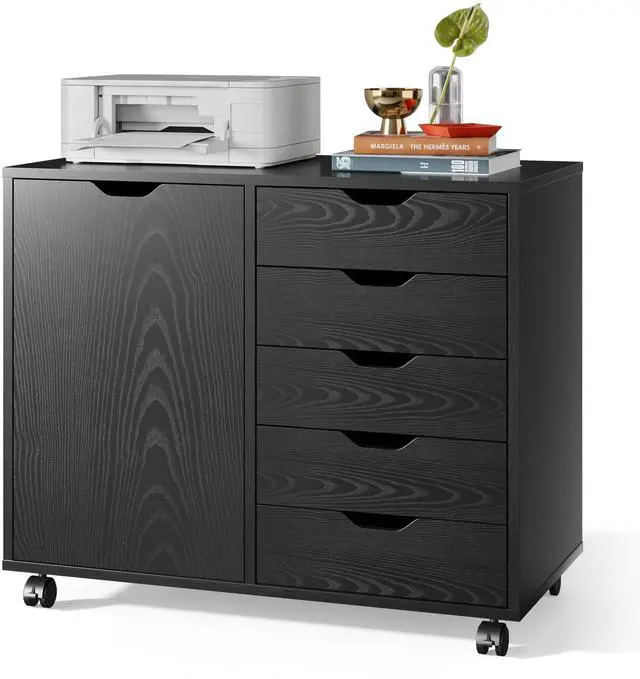 Main image of Mobile File Cabinet, 5-Drawer Wood Storage Chest with Door, Printer Stand for Home Office, Black