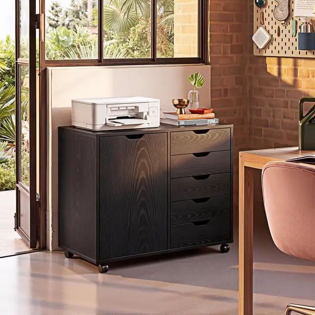 Alt view image 2 of 6 - Mobile File Cabinet, 5-Drawer Wood Storage Chest with Door, Printer Stand for Home Office, Black