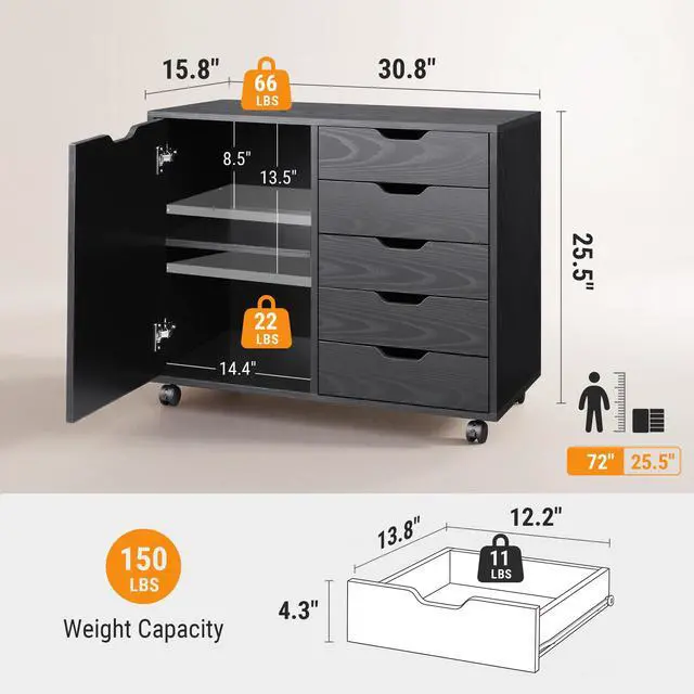 Alt view image 3 of 6 - Mobile File Cabinet, 5-Drawer Wood Storage Chest with Door, Printer Stand for Home Office, Black