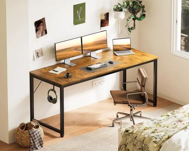 Alt view image 2 of 6 - 63 Inch Computer Desk for Home Office, Study Writing Table for Small Spaces, Simple Modern Desk with Headphone Hooks, Rustic Brown