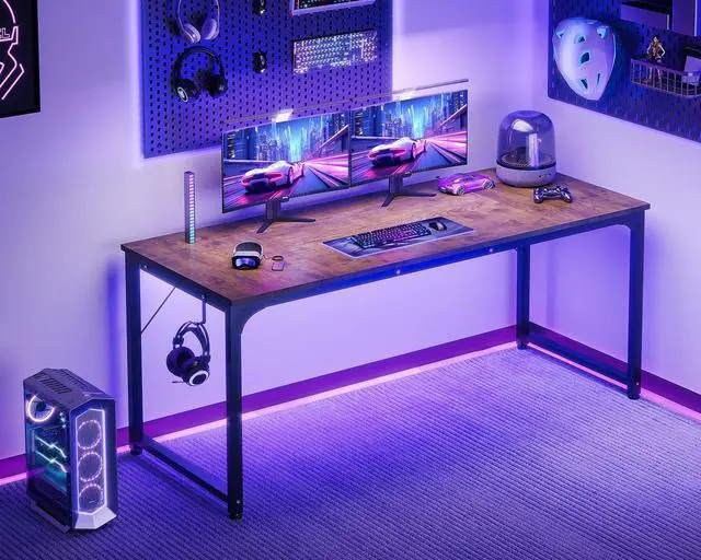 Alt view image 4 of 6 - 63 Inch Computer Desk for Home Office, Study Writing Table for Small Spaces, Simple Modern Desk with Headphone Hooks, Rustic Brown